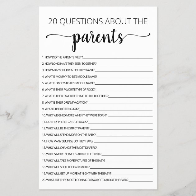20 Questions about the Parents Baby Shower game | Zazzle